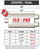 Original Center/Dual 3.0 Inch Inlet 2.25 Inch Outlet 28.0 Inch Overall Length FLO PRO Performance Exhaust